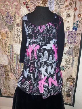 DKNY Black Scoop Neck Tunic with Pink and Gray Graphic Print